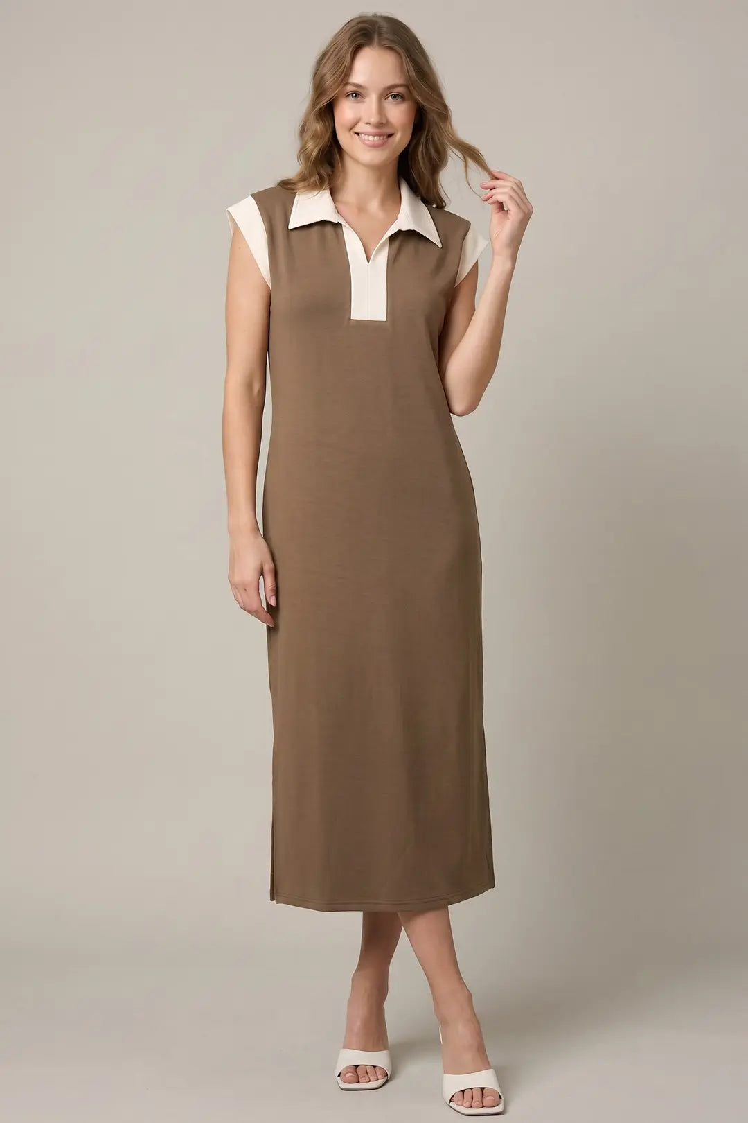 Ladies Drop Shoulder Midi Dress with Pockets-Mocha