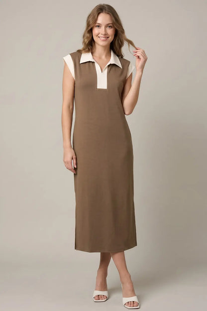 Ladies Drop Shoulder Midi Dress with Pockets-Mocha