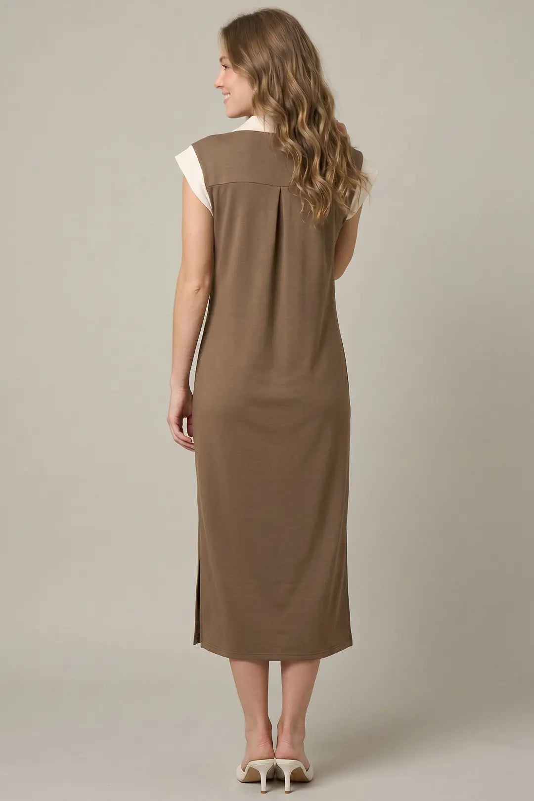 Ladies Drop Shoulder Midi Dress with Pockets-Mocha