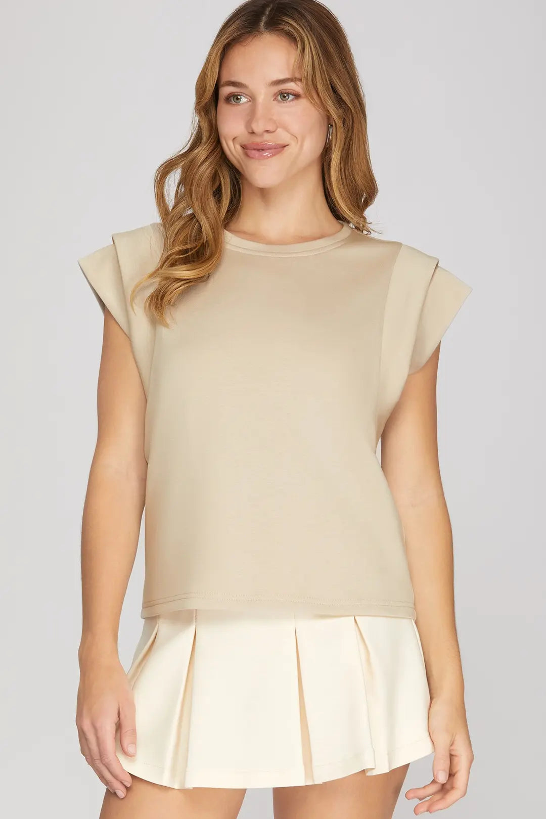 Ladies Double Band Sleeve Knit Top-Lt. Taupe
