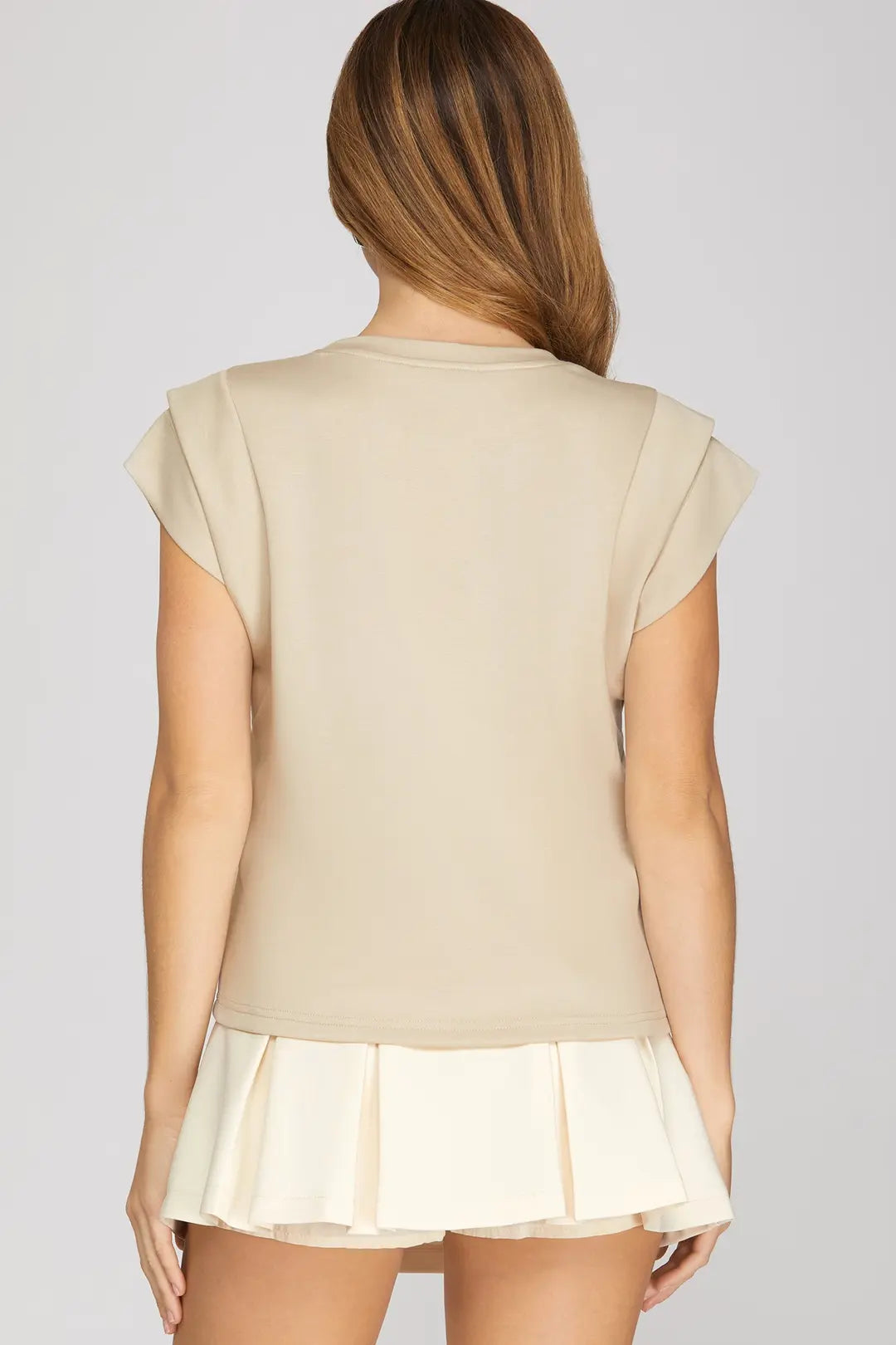 Ladies Double Band Sleeve Knit Top-Lt. Taupe