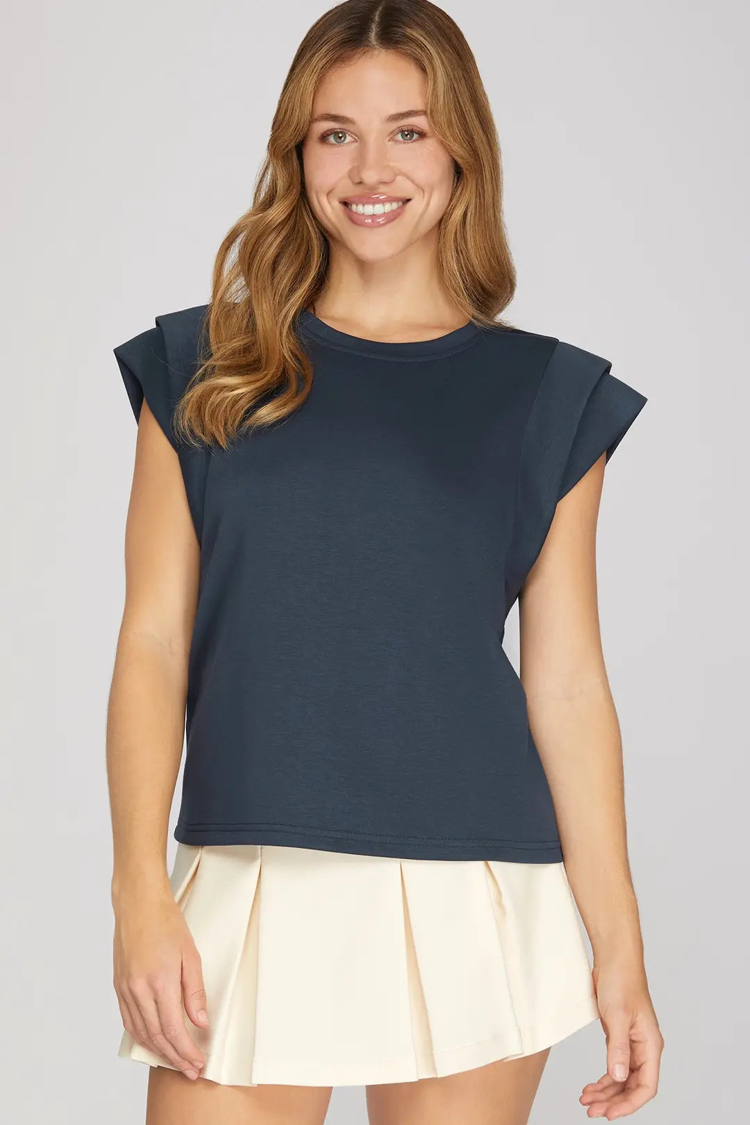 Ladies Double Band Sleeve Knit Top-Navy