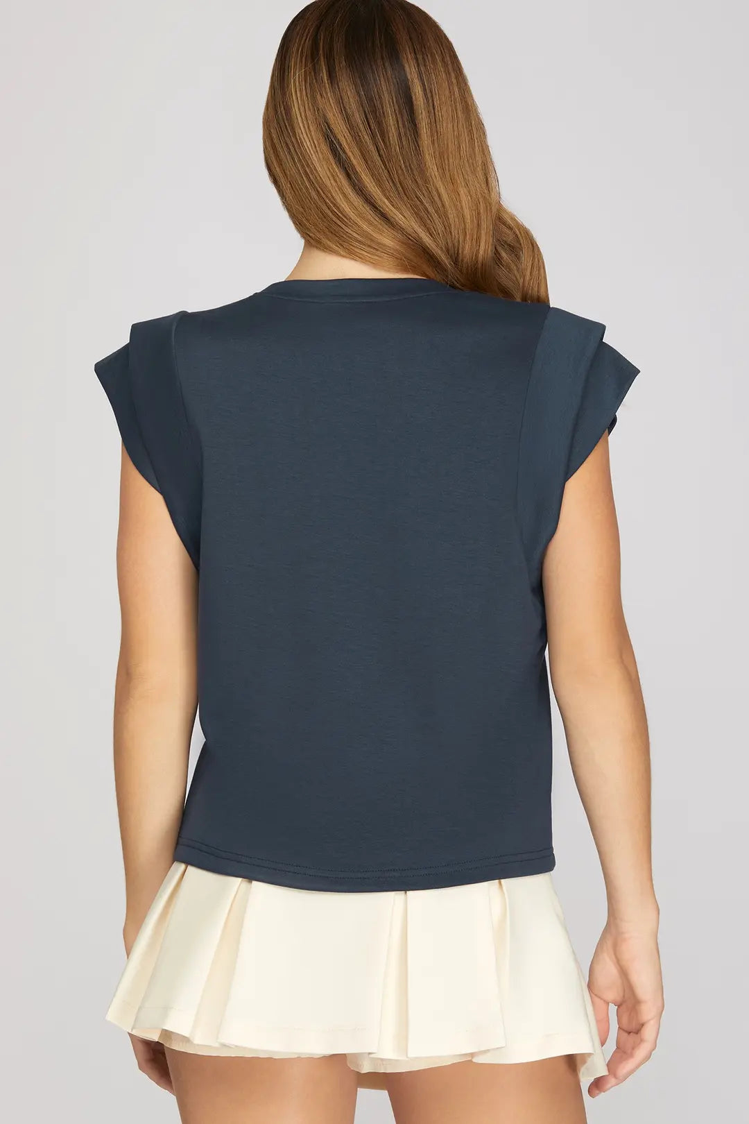 Ladies Double Band Sleeve Knit Top-Navy
