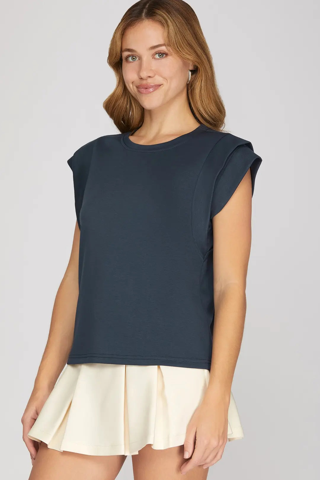 Ladies Double Band Sleeve Knit Top-Navy