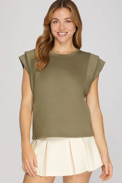 Ladies Double Band Sleeve Knit Top-Olive