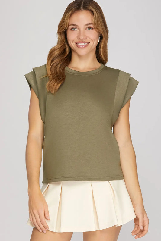 Ladies Double Band Sleeve Knit Top-Olive