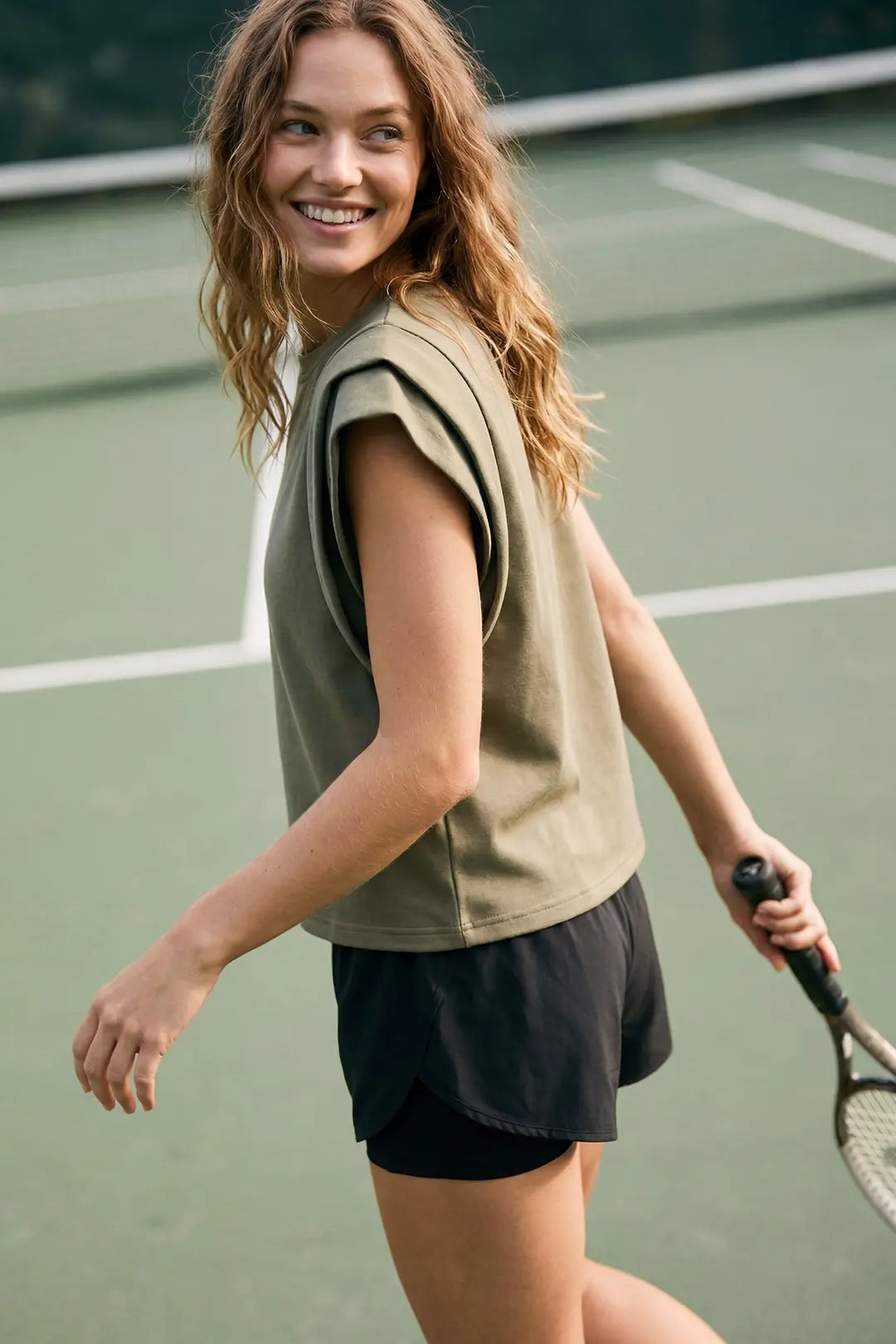 Ladies Double Band Sleeve Knit Top-Olive