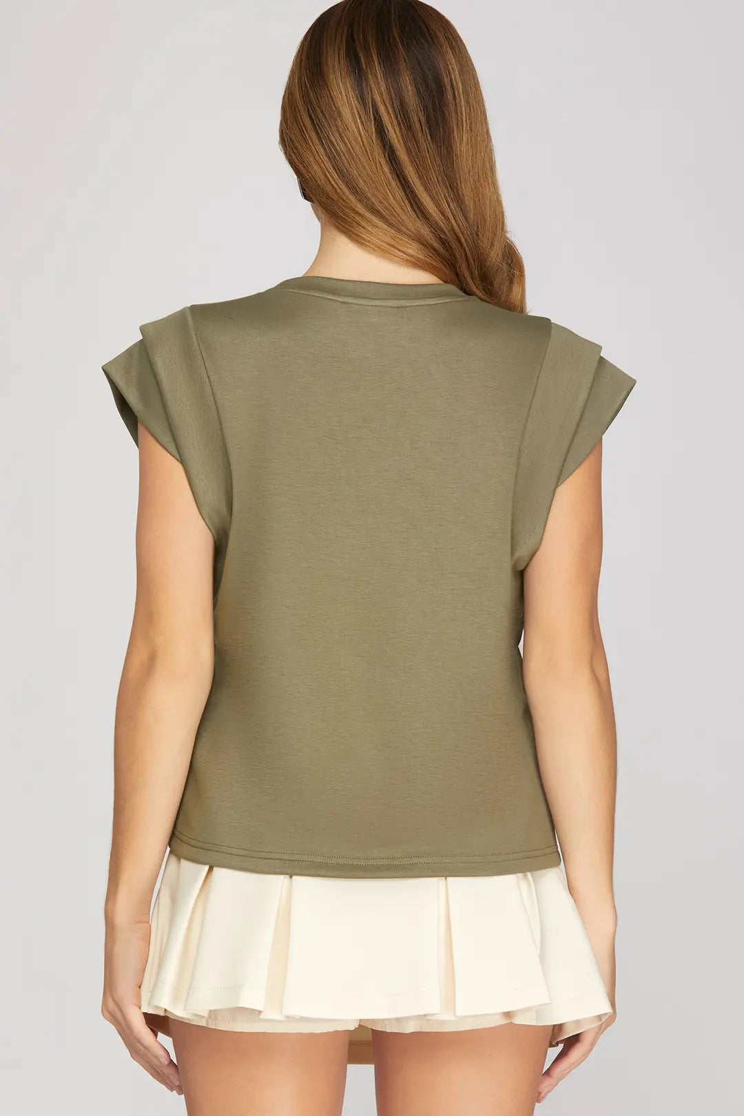 Ladies Double Band Sleeve Knit Top-Olive