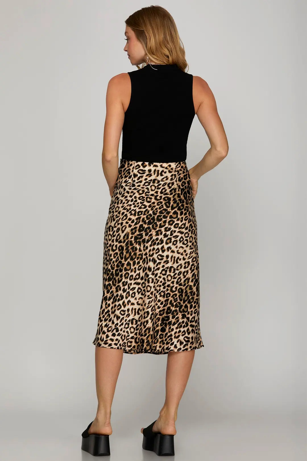 Ladies Satin Leopard Print Midi Skirt-Mocha