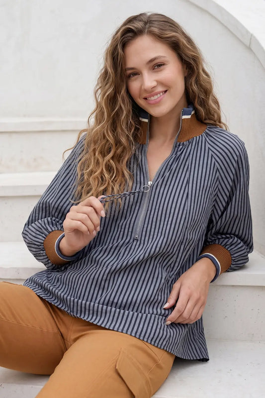 Ladies 3/4 Sleeve Half Zip Striped Top-Navy