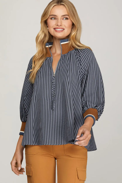 Ladies 3/4 Sleeve Half Zip Striped Top-Navy