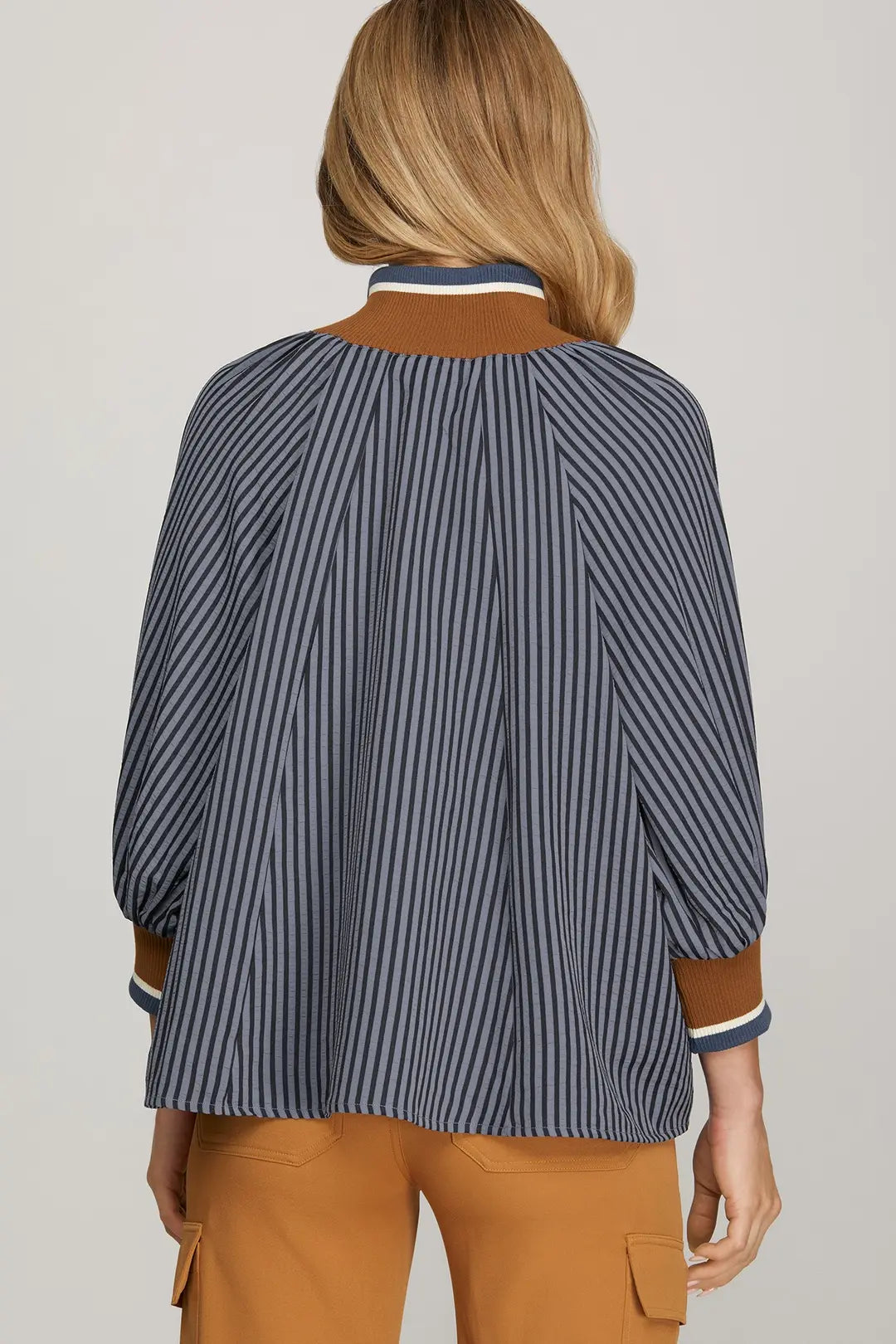 Ladies 3/4 Sleeve Half Zip Striped Top-Navy