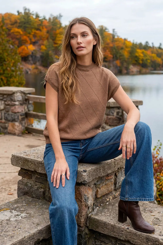 Ladies Drop Shoulder Mock Neck Sweater Vest-Mocha