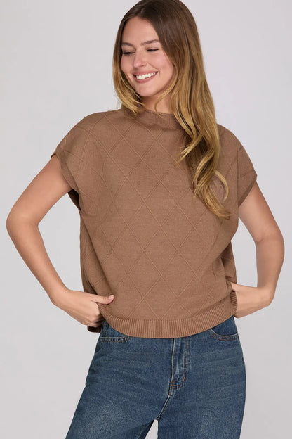 Ladies Drop Shoulder Mock Neck Sweater Vest-Mocha