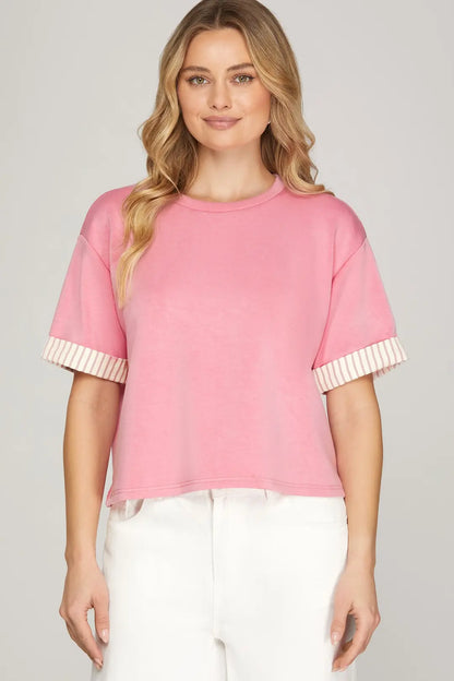 Ladies Round Neck Knit Top with Contrast Band-Pink