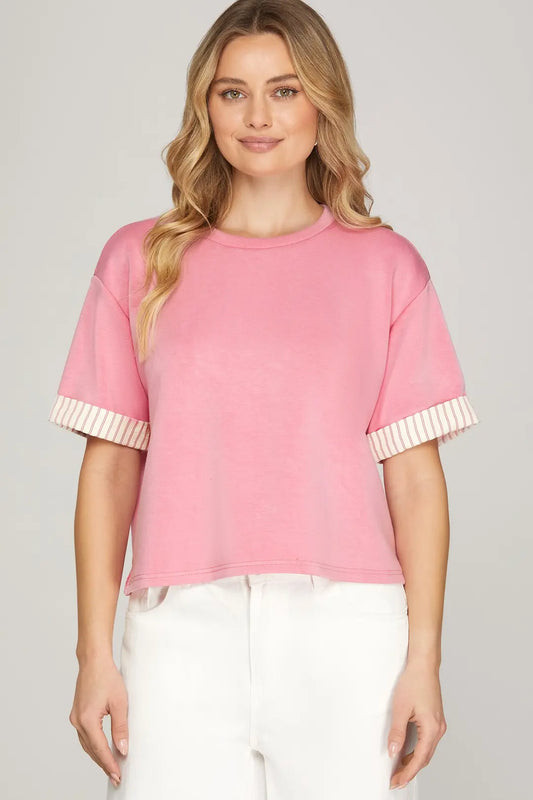 Ladies Round Neck Knit Top with Contrast Band-Pink