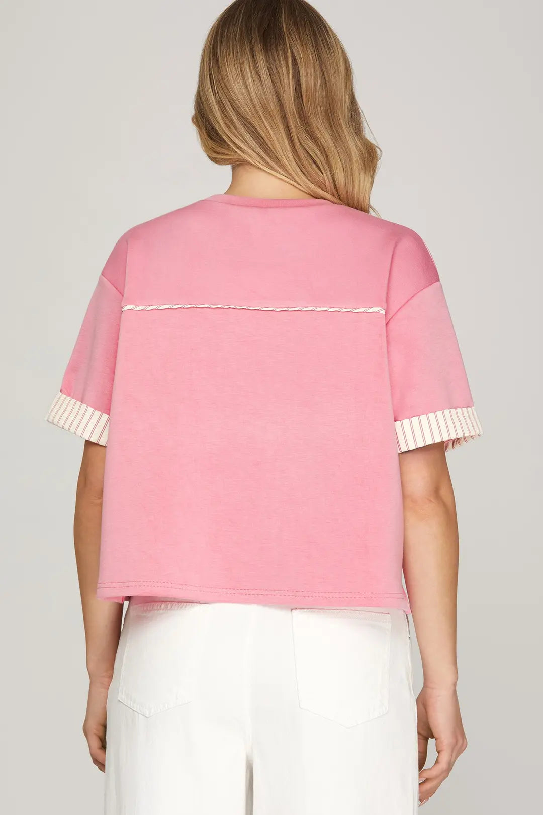 Ladies Round Neck Knit Top with Contrast Band-Pink