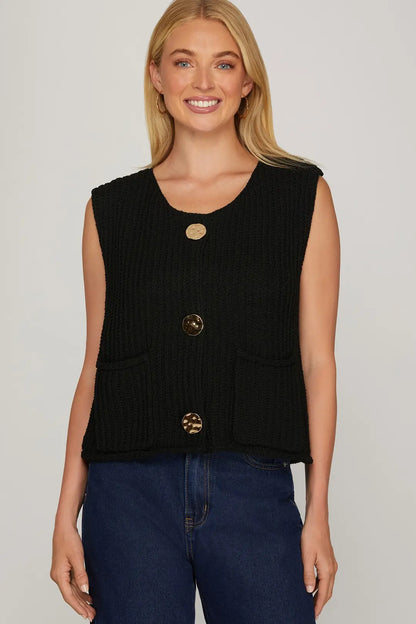 Ladies Sleeveless Crochet Sweater Vest-Black