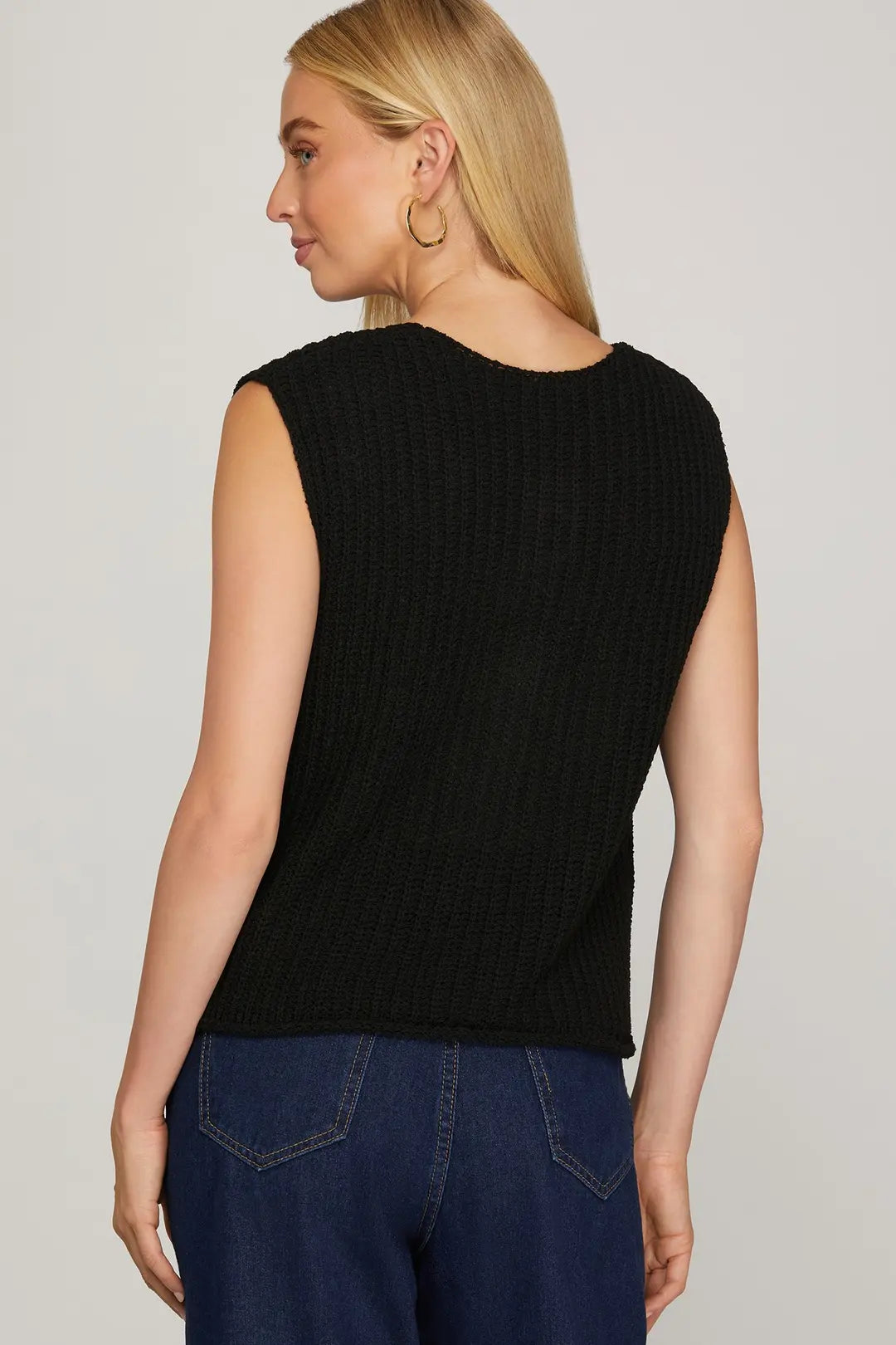 Ladies Sleeveless Crochet Sweater Vest-Black