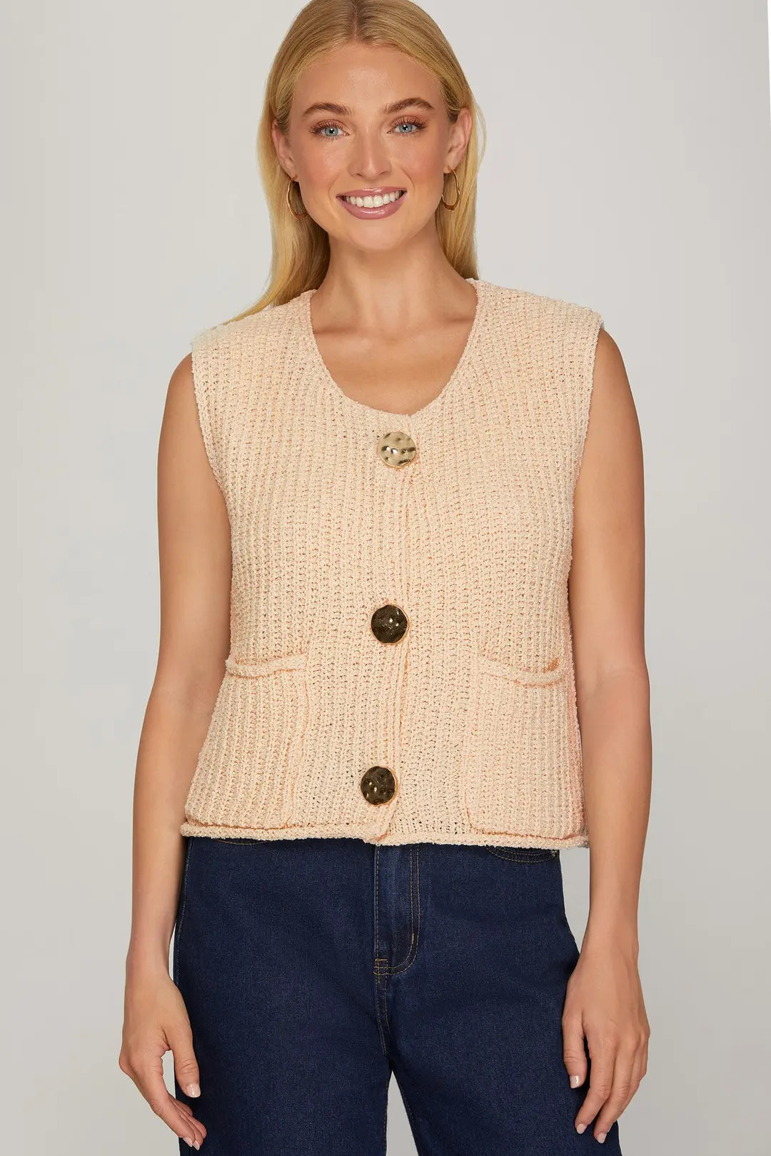 Ladies Sleeveless Crochet Sweater Vest-Cream