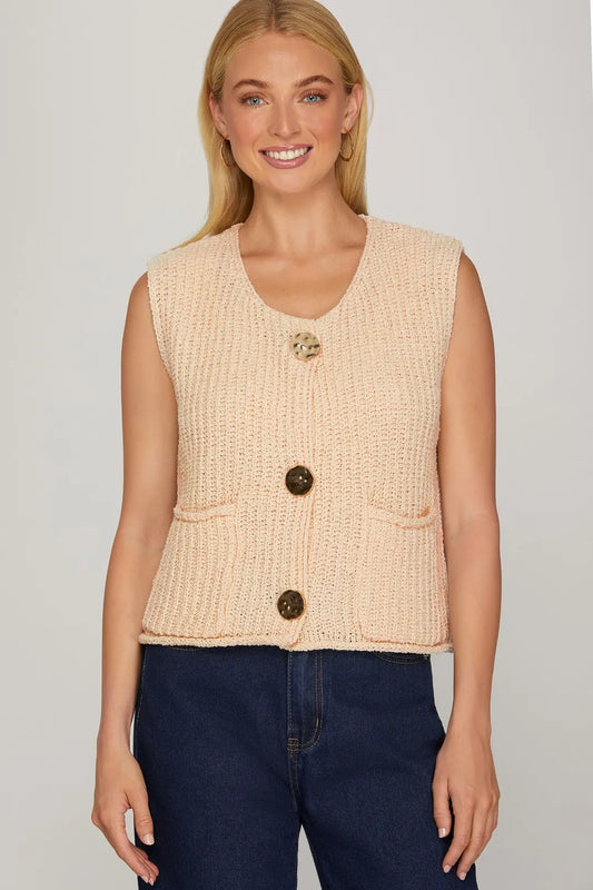 Ladies Sleeveless Crochet Sweater Vest-Cream