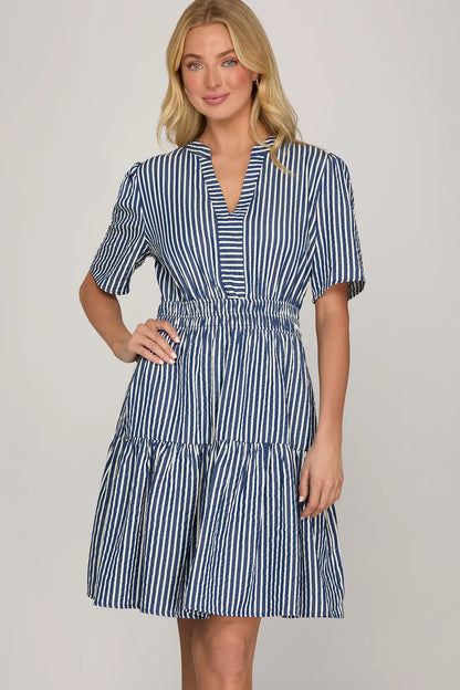 Ladies Short Sleeve Striped Woven Mini Dress-Navy