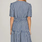Ladies Short Sleeve Striped Woven Mini Dress-Navy