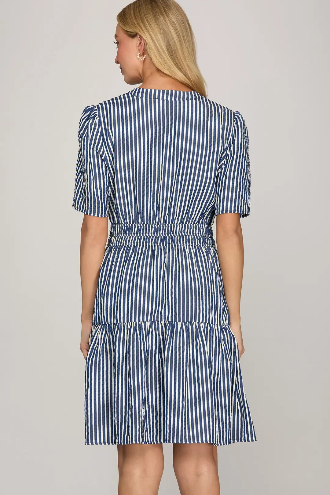 Ladies Short Sleeve Striped Woven Mini Dress-Navy