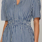 Ladies Short Sleeve Striped Woven Mini Dress-Navy