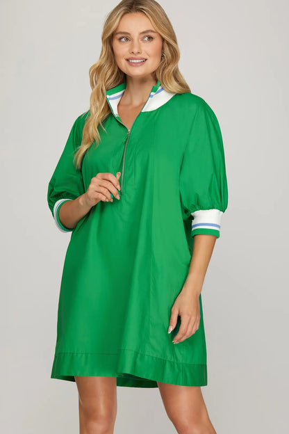 Ladies Half Sleeve Mini Dress with Pockets-Green