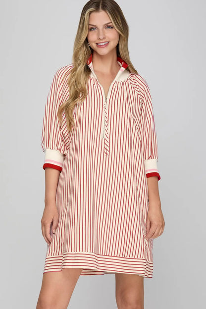 Ladies Half Sleeve Half Zip Striped Mini Dress with Pockets-Red