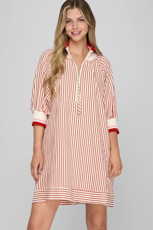 Ladies Half Sleeve Half Zip Striped Mini Dress with Pockets-Red
