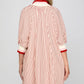 Ladies Half Sleeve Half Zip Striped Mini Dress with Pockets-Red