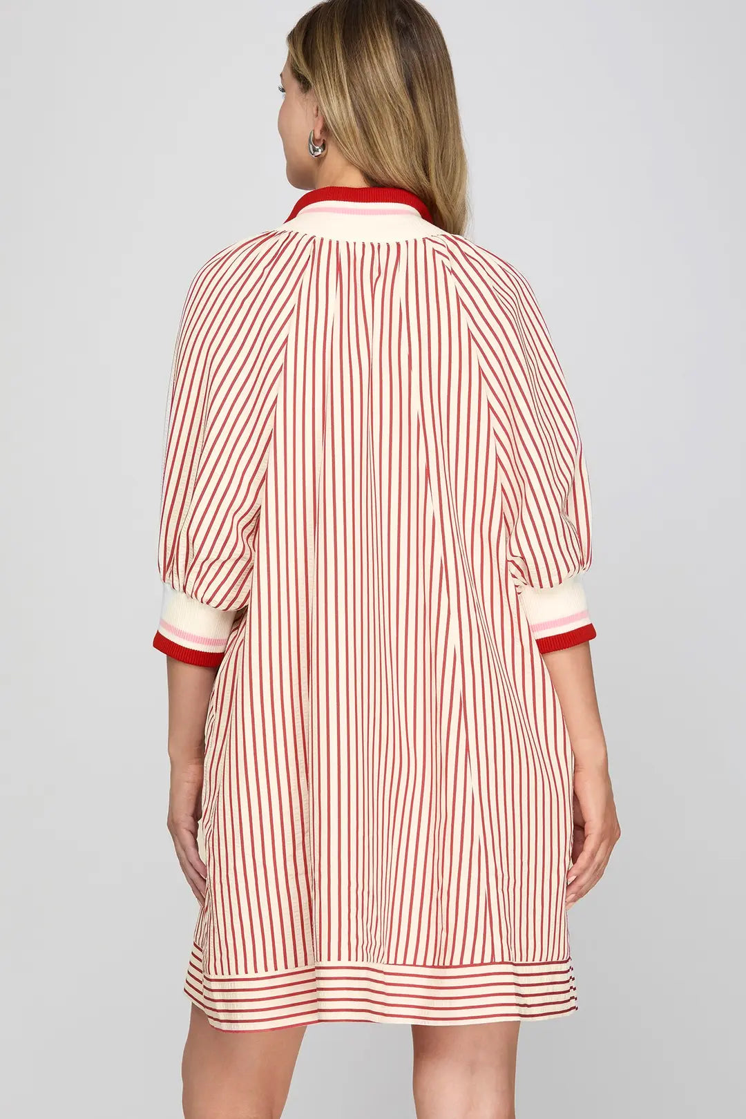 Ladies Half Sleeve Half Zip Striped Mini Dress with Pockets-Red