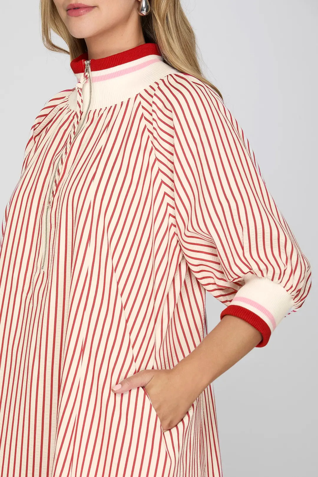 Ladies Half Sleeve Half Zip Striped Mini Dress with Pockets-Red