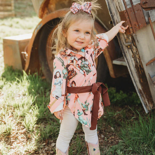 Girls Wild West Button Up Long Sleeve Dress by Shea Baby