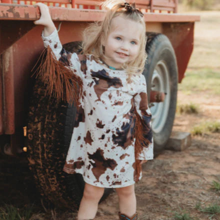 Girls Long Sleeve Cowprint Fringe Dress by Shea Baby