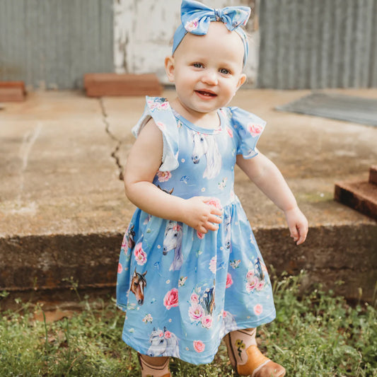 Girls Blue Horse Floral Dress by Shea Baby