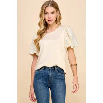 Ladies Solid Top with Sequin Sleeves-Beige