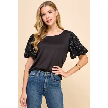 Ladies Solid Top with Sequin Sleeves-Black