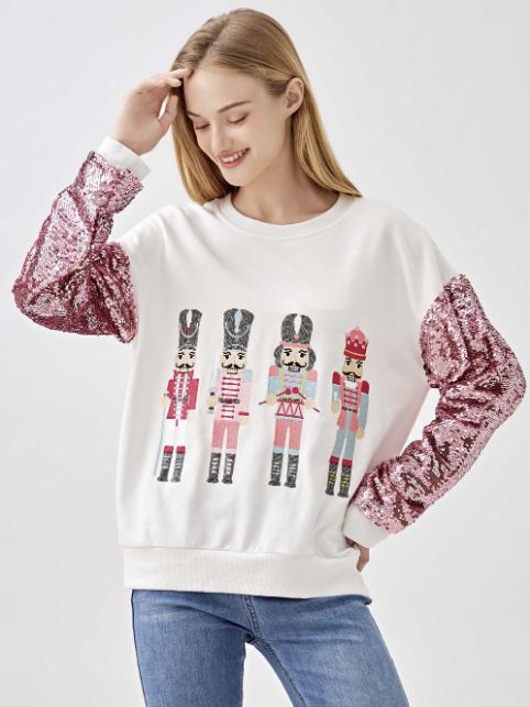 Ladies Nutcracker Sequin Sleeve Top by Why Dress-White