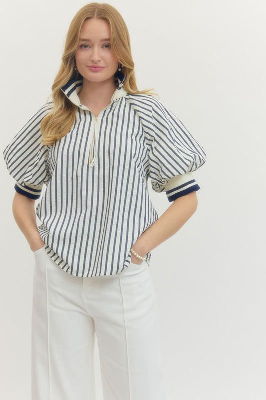 Ladies Striped Short Puff Sleeve Top by Entro-Navy