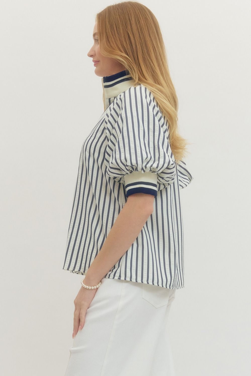 Ladies Striped Short Puff Sleeve Top by Entro-Navy