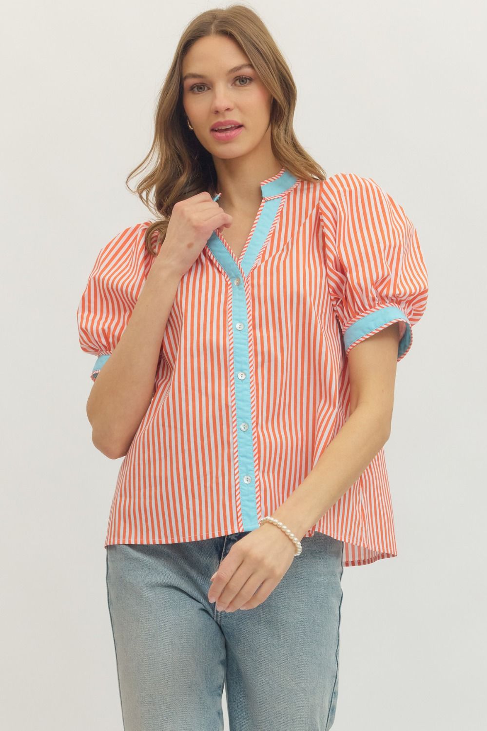 Ladies Orange Top with Aqua Trim by Entro