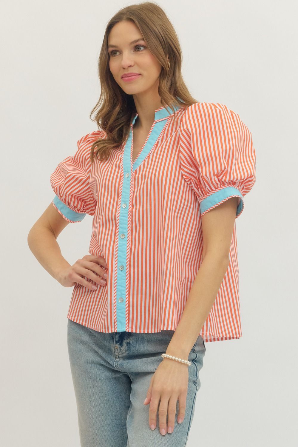 Ladies Orange Top with Aqua Trim by Entro