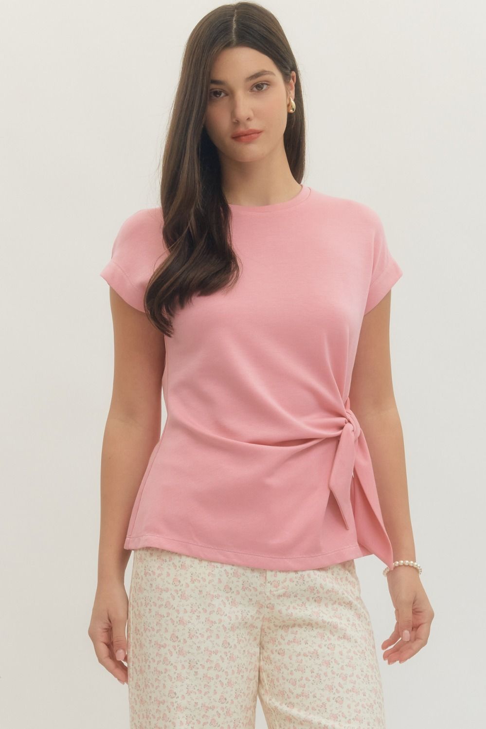 Ladies Short Sleeve Top with Side Tie by Entro-Light Pink