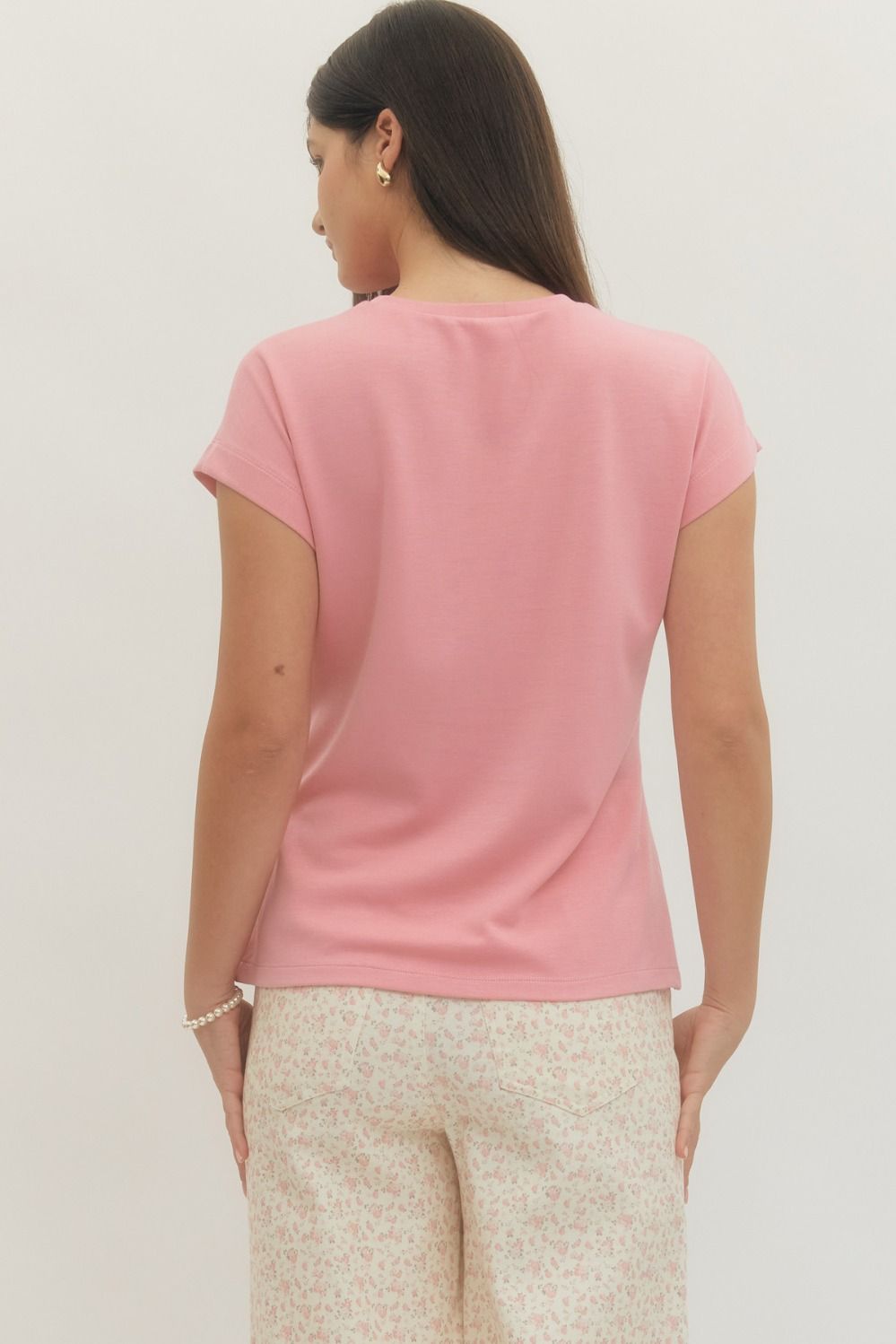Ladies Short Sleeve Top with Side Tie by Entro-Light Pink