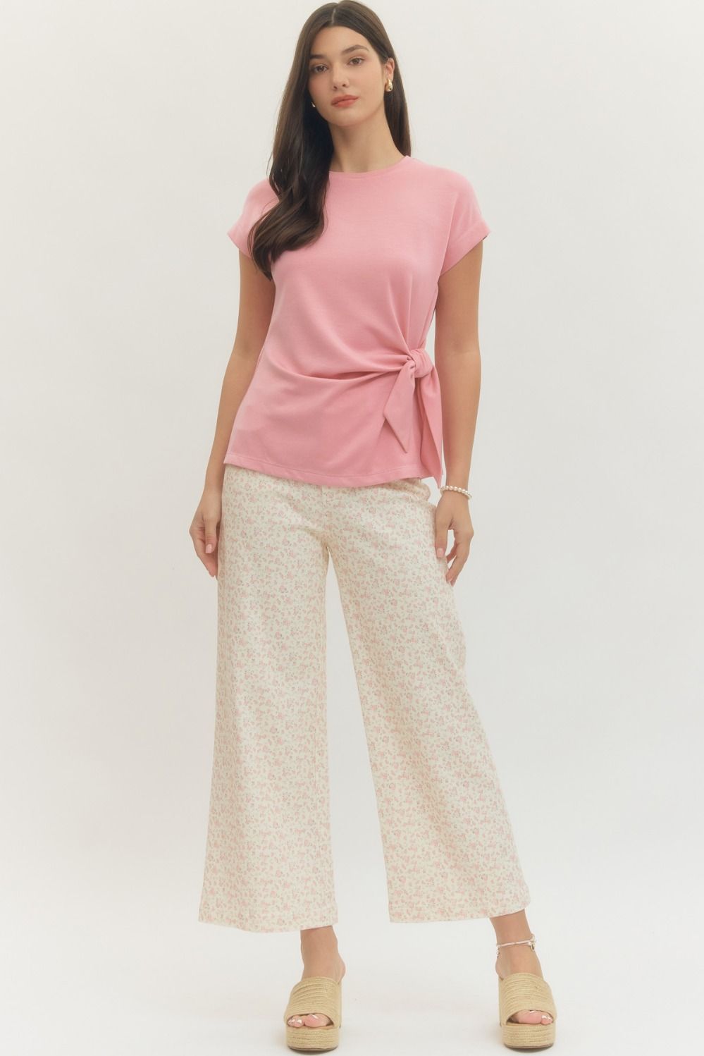 Ladies Short Sleeve Top with Side Tie by Entro-Light Pink