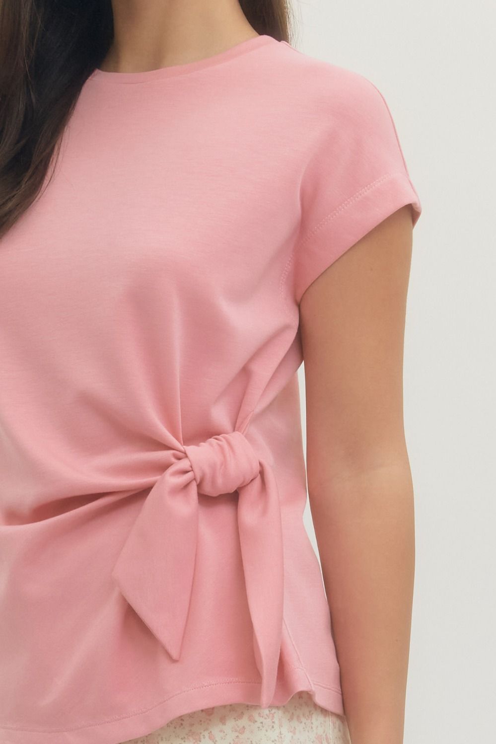 Ladies Short Sleeve Top with Side Tie by Entro-Light Pink