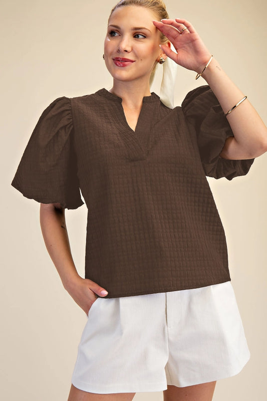 Ladies Puff Sleeve Top with V-Neck in Textured Fabric - Brown